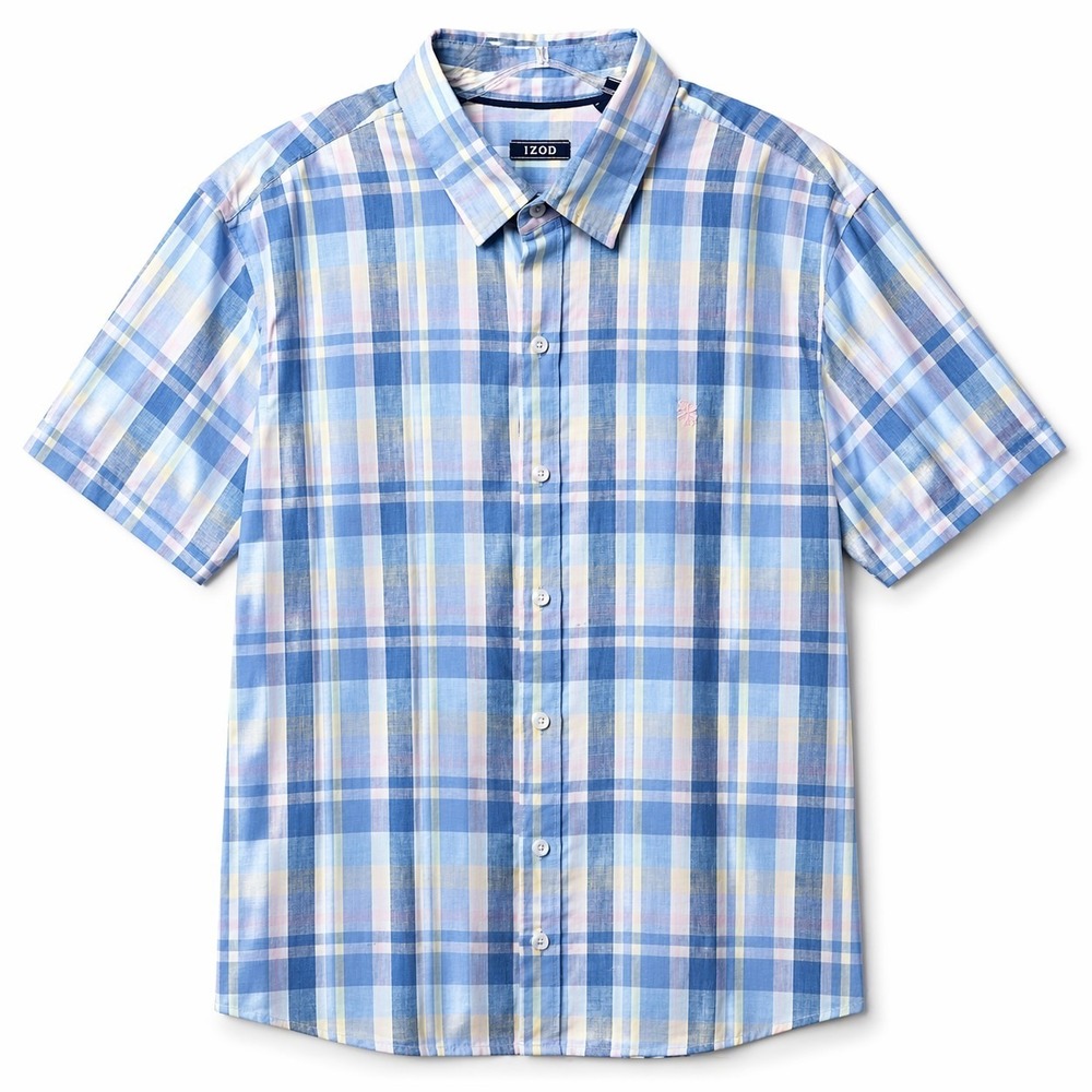 IZOD Linen Blend Performance Comfort Short Sleeve Woven Shirt Sz L Plaid Summer